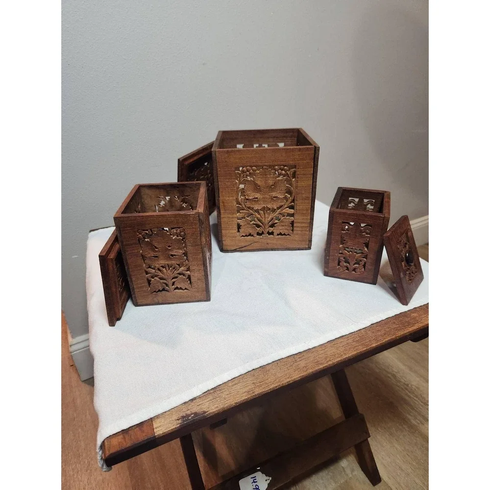 Vintage Hand Carved Wood Nesting Boxes Set of 3 Floral Lattice Storage Trinket